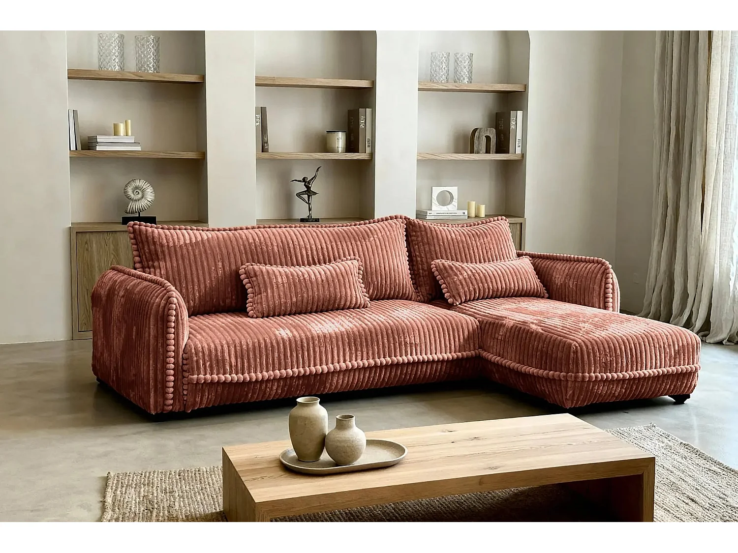 CALIE - Canapé d'angle velours côtelé 3 places - Terracotta - Droit