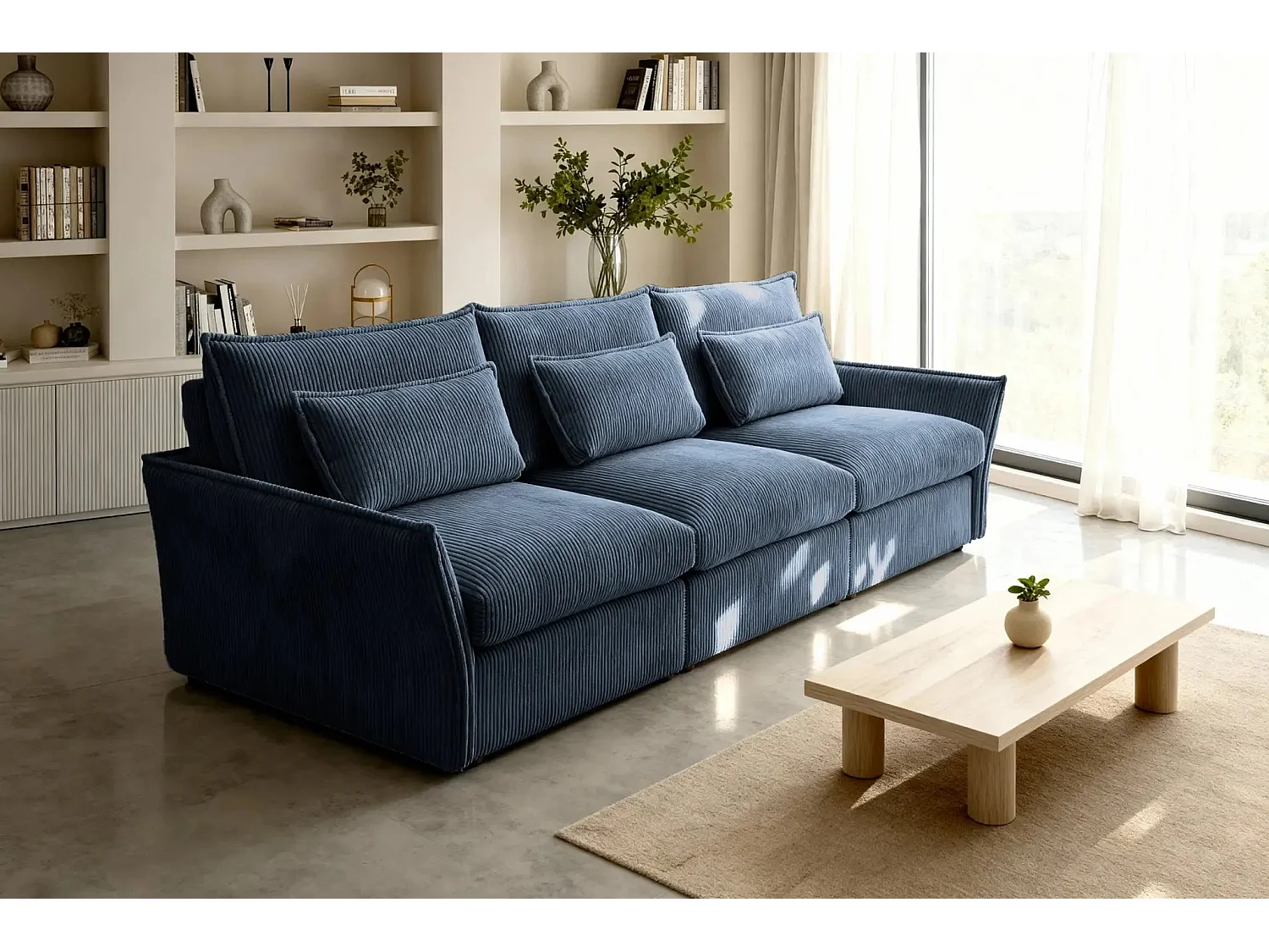 ANGELE - Canapé droit velours côtelé 3 places - Bleu