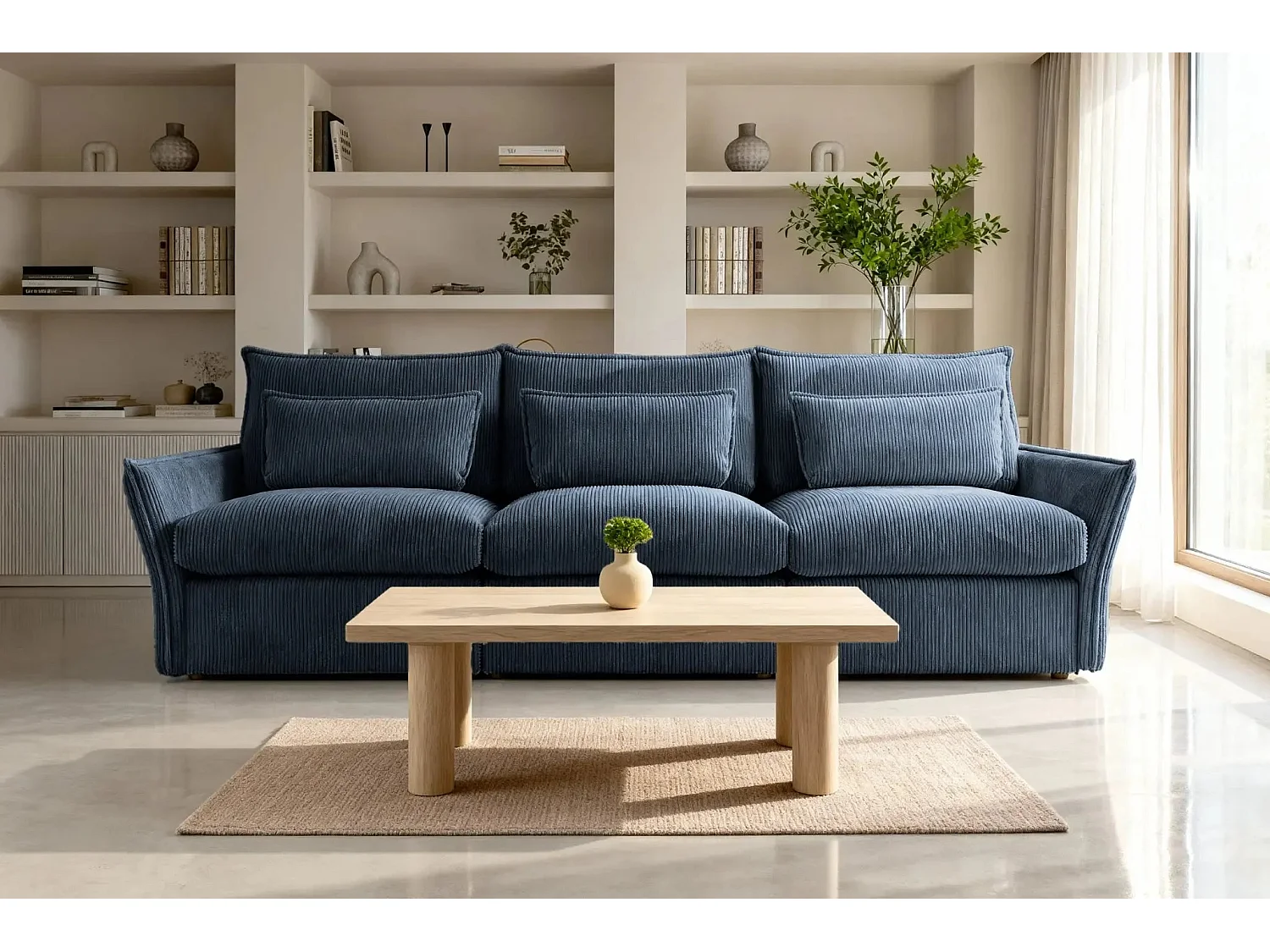 ANGELE - Canapé droit velours côtelé 3 places - Bleu