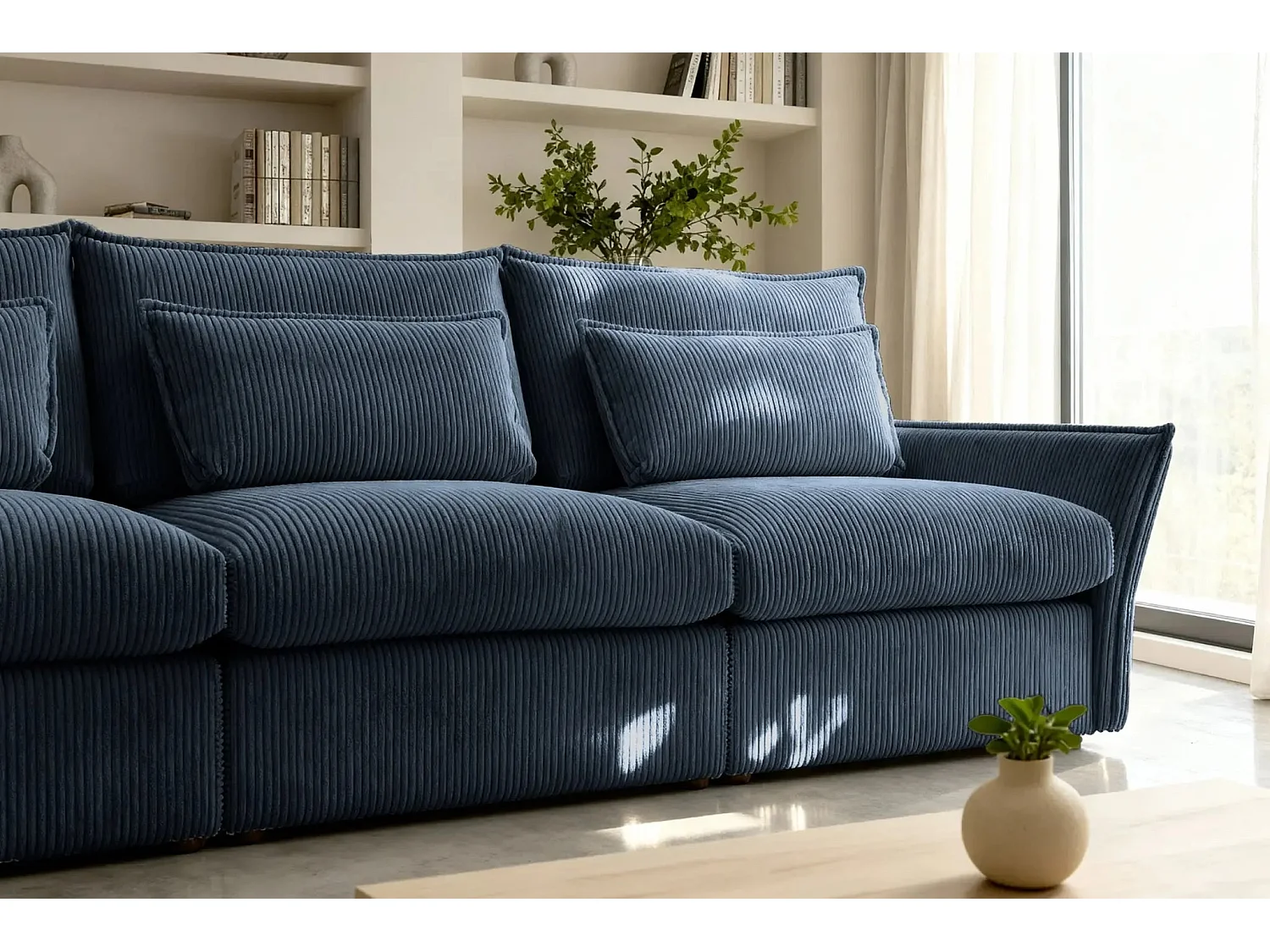 ANGELE - Canapé droit velours côtelé 3 places - Bleu