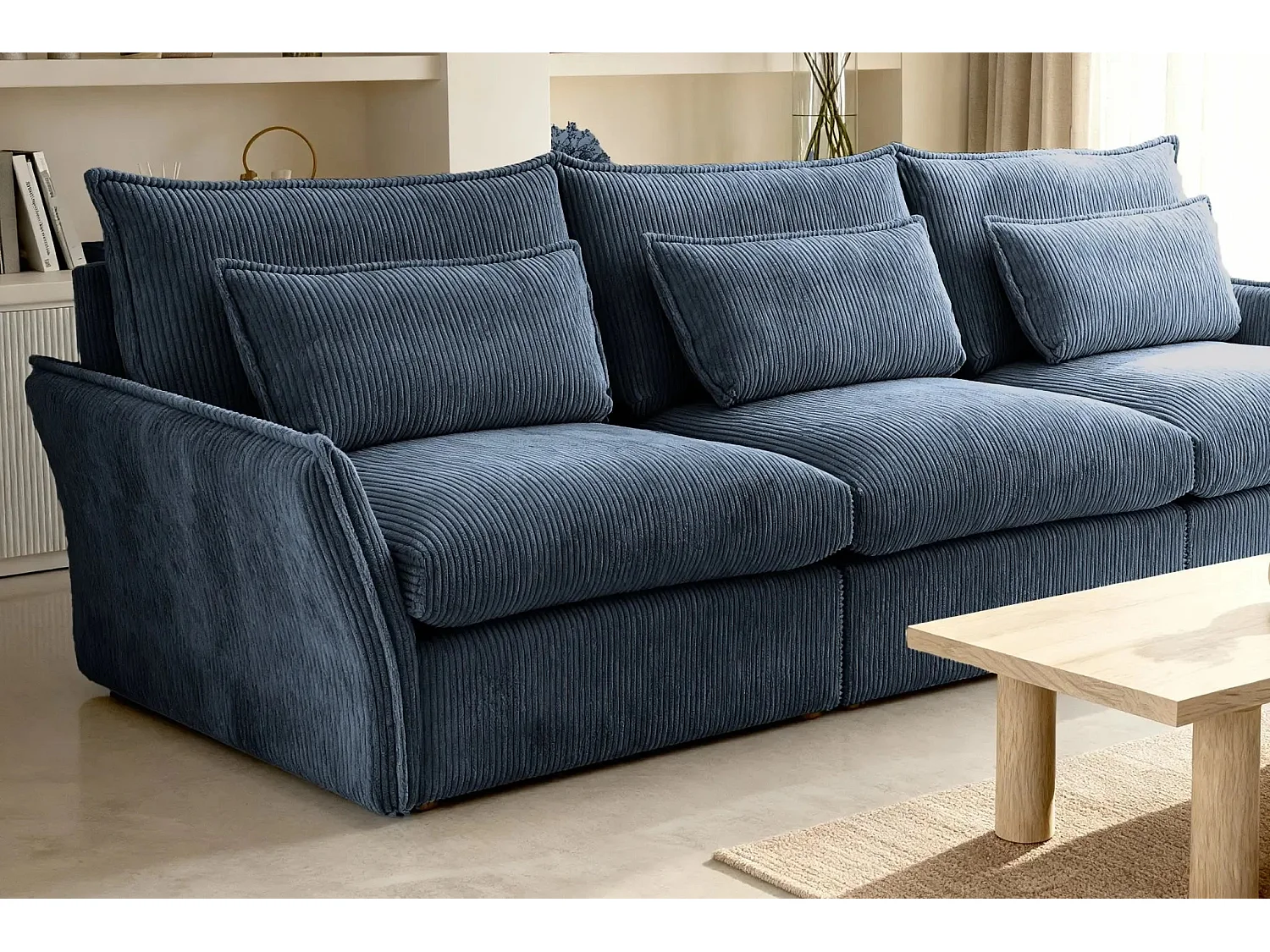 ANGELE - Canapé droit velours côtelé 3 places - Bleu