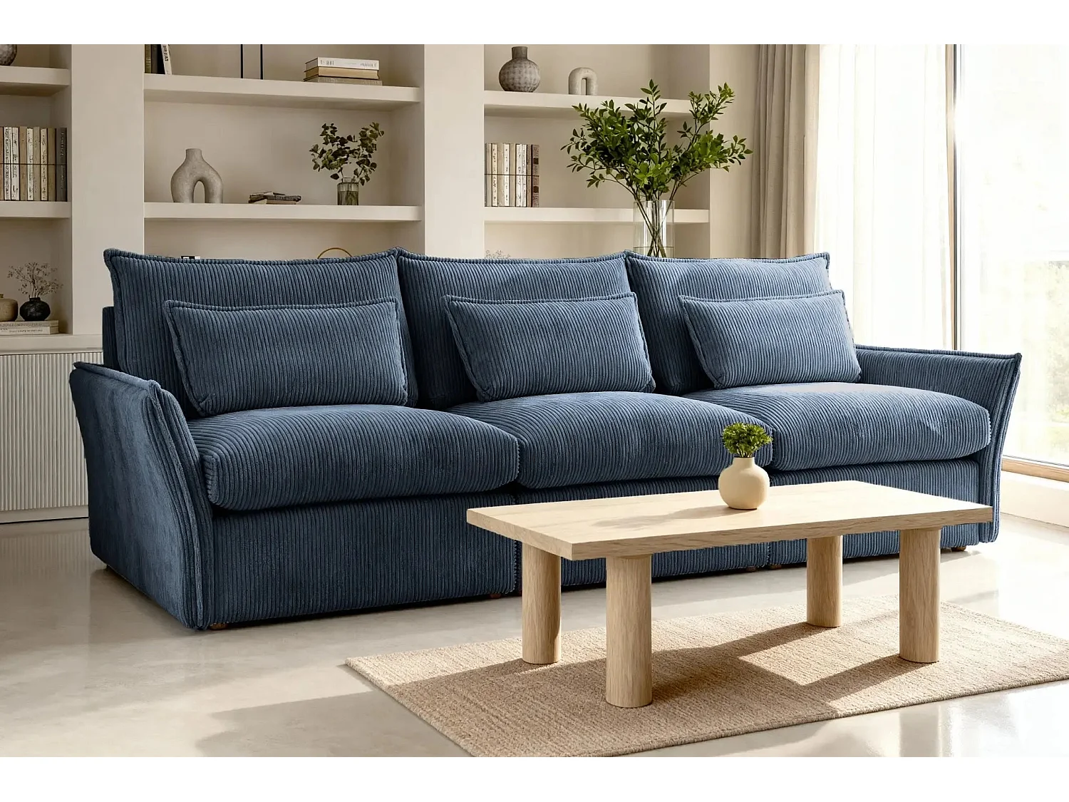 ANGELE - Canapé droit velours côtelé 3 places - Bleu