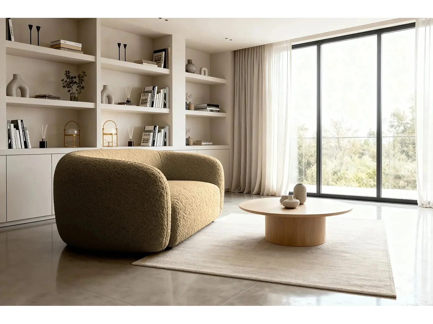 BAHIA - Canapé droit tissu bouclette 2 places - Café