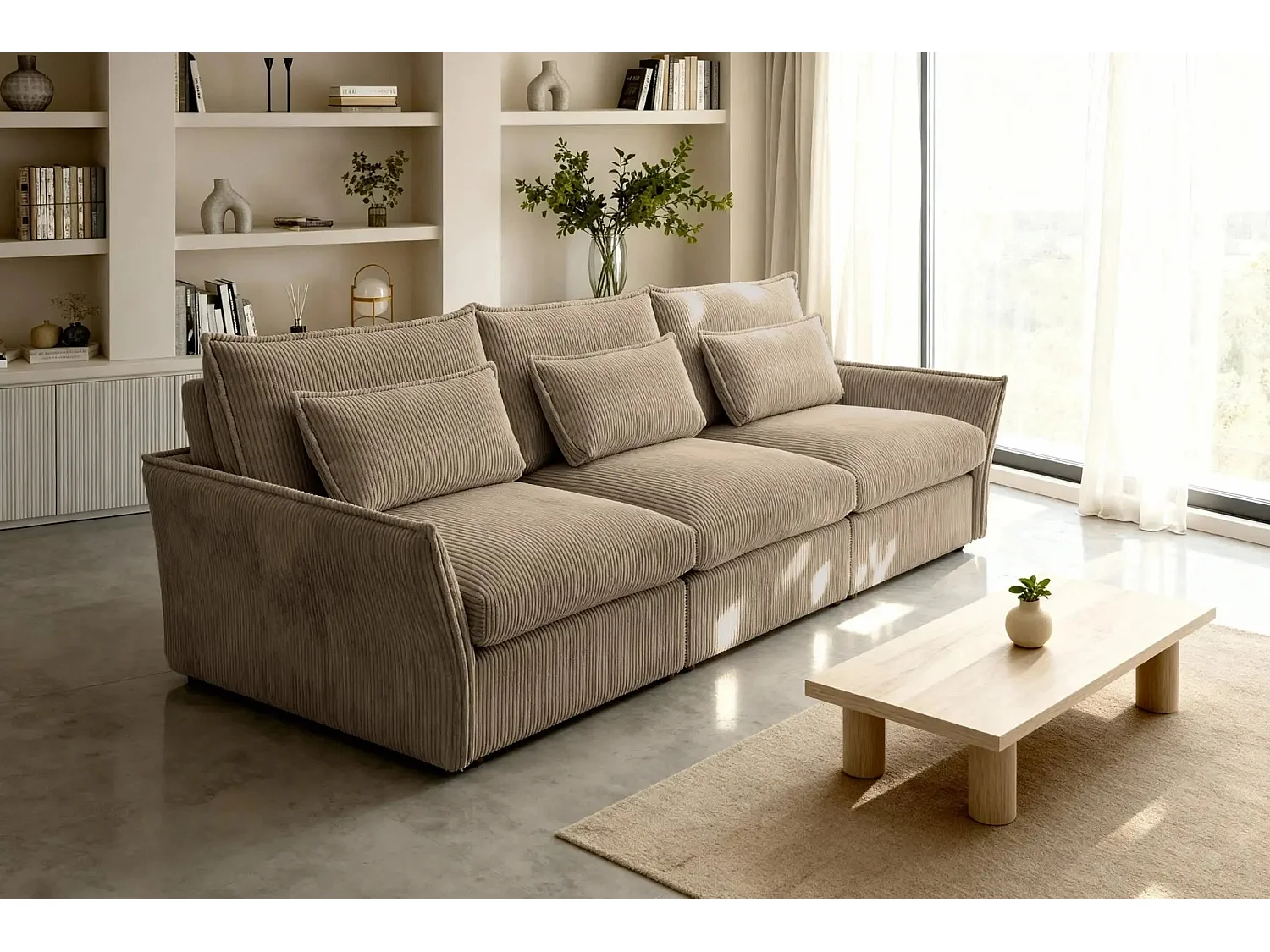 ANGELE - Canapé droit velours côtelé 3 places - Café