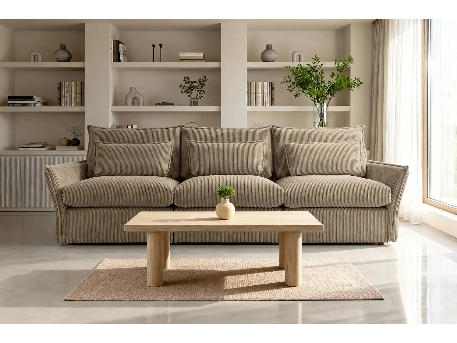 ANGELE - Canapé droit velours côtelé 3 places - Café