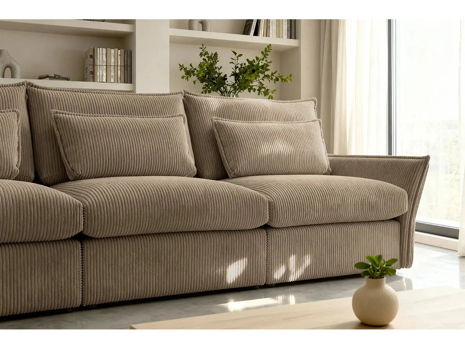 ANGELE - Canapé droit velours côtelé 3 places - Café