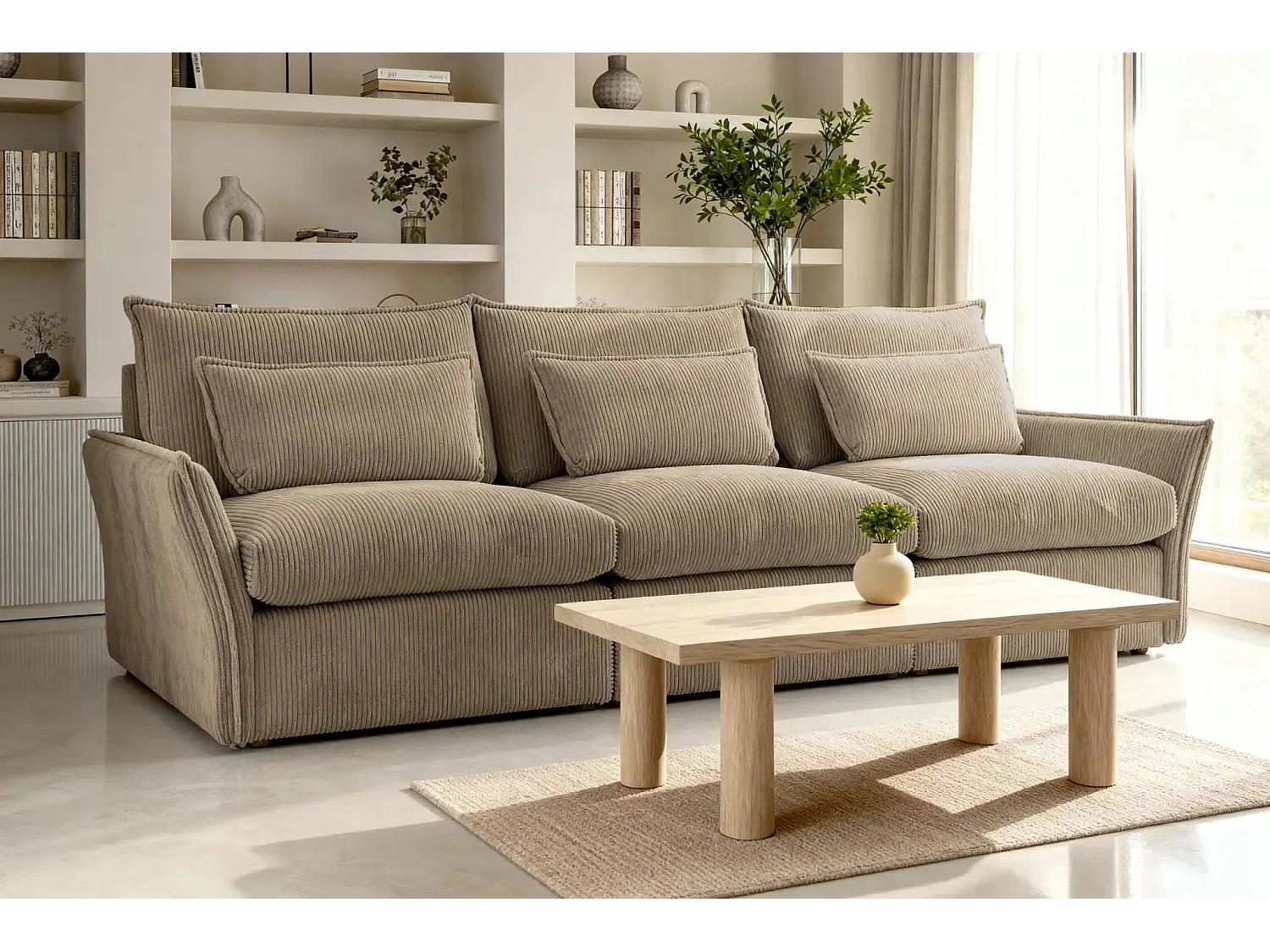 ANGELE - Canapé droit velours côtelé 3 places - Café