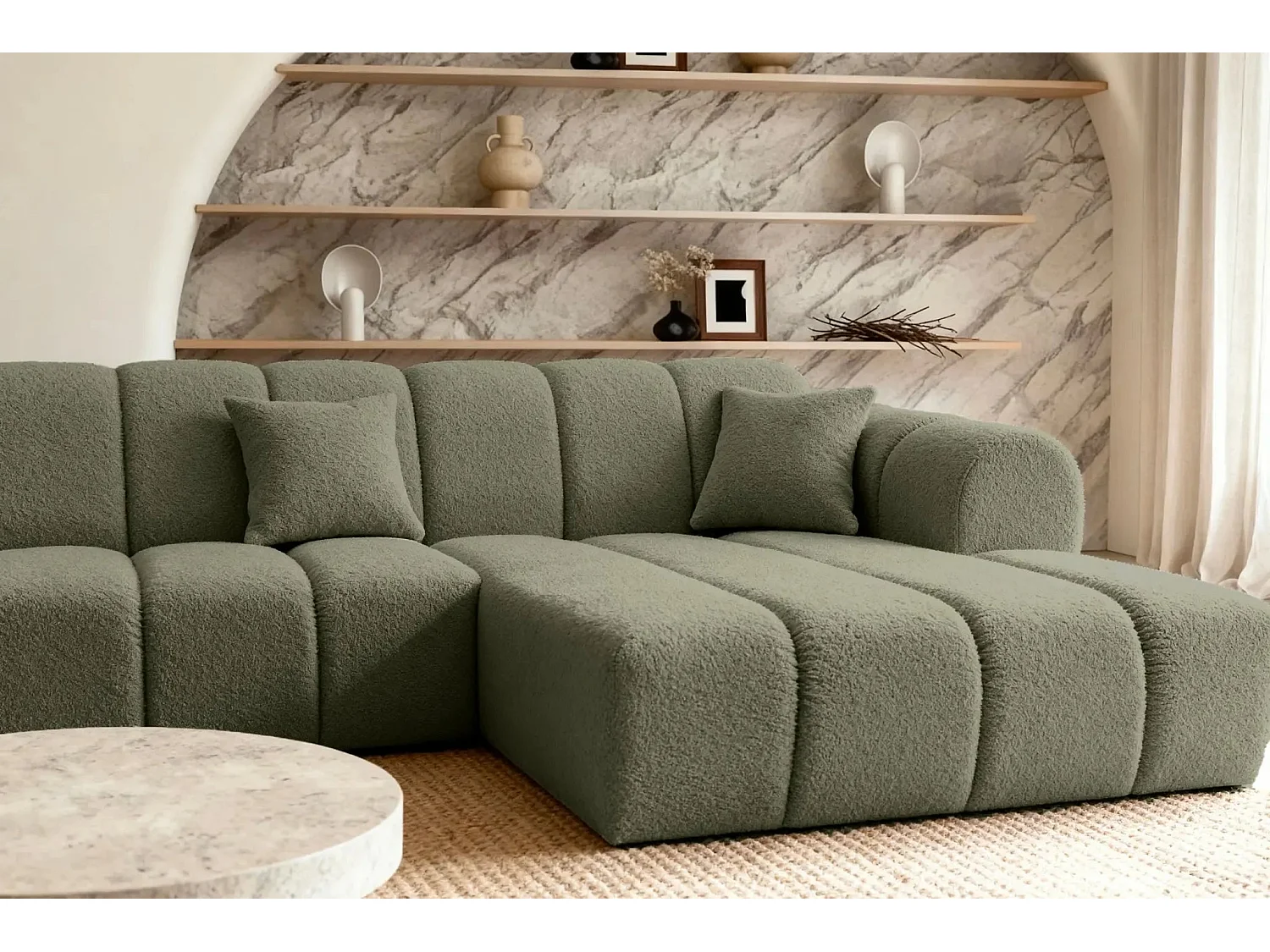 LAURA - Canapé d'angle tissu bouclette 4 places - Vert - Gauche
