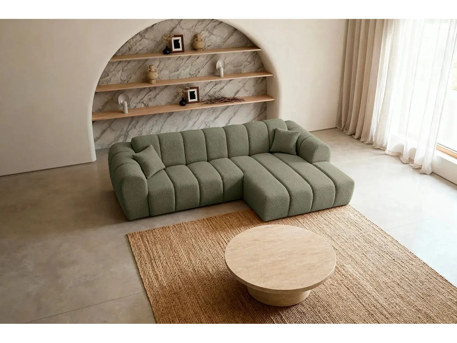 LAURA - Canapé d'angle tissu bouclette 4 places - Vert - Gauche