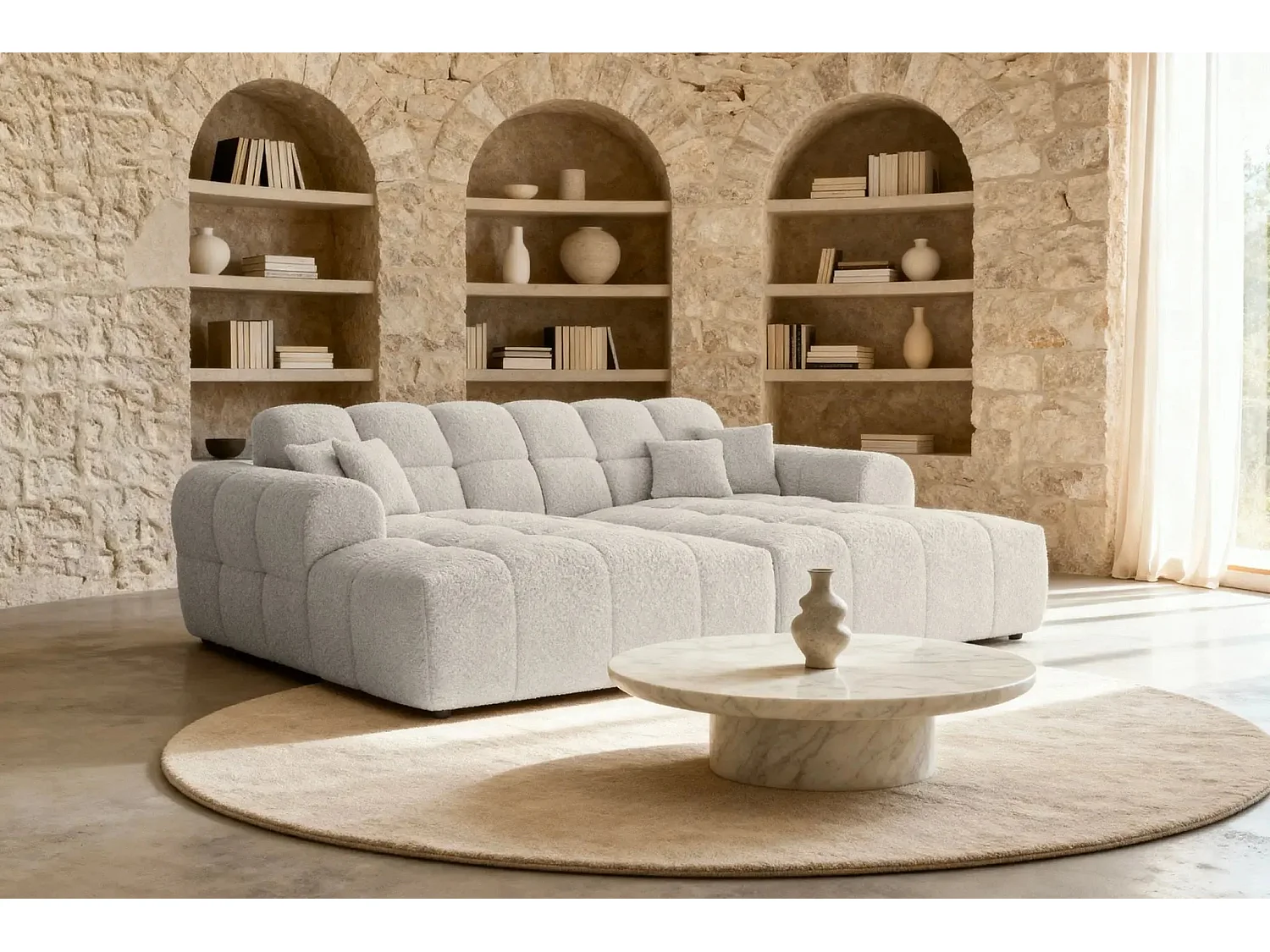 ALEXIA XL - Canapé droit tissu bouclette 4 places - Beige