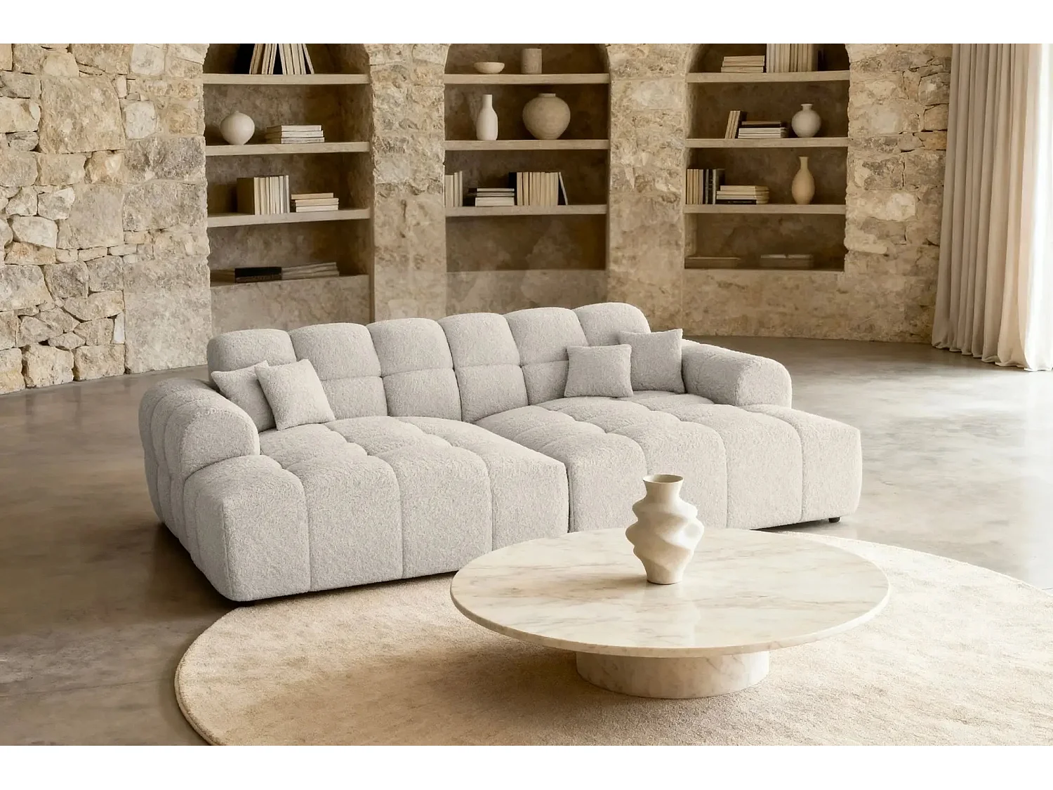 ALEXIA XL - Canapé droit tissu bouclette 4 places - Beige