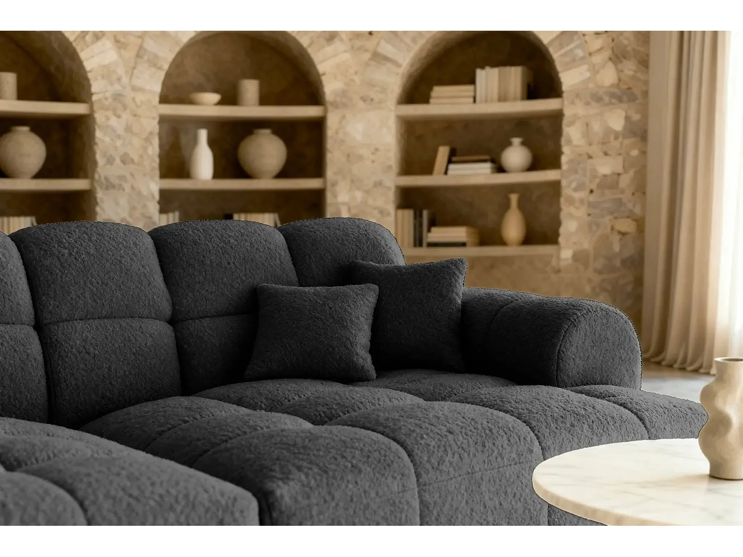 ALEXIA XL - Canapé droit tissu bouclette 4 places - Noir