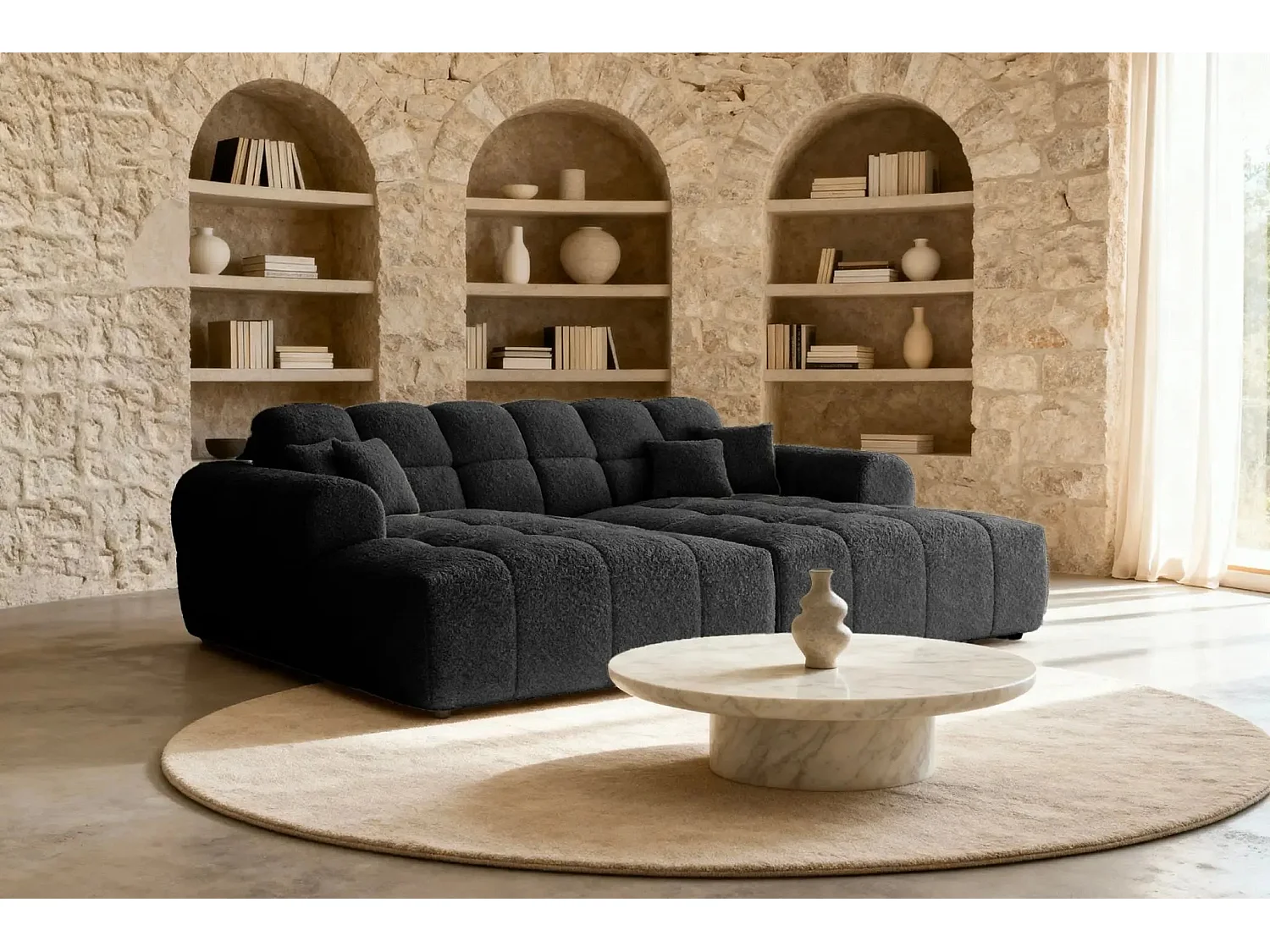 ALEXIA XL - Canapé droit tissu bouclette 4 places - Noir