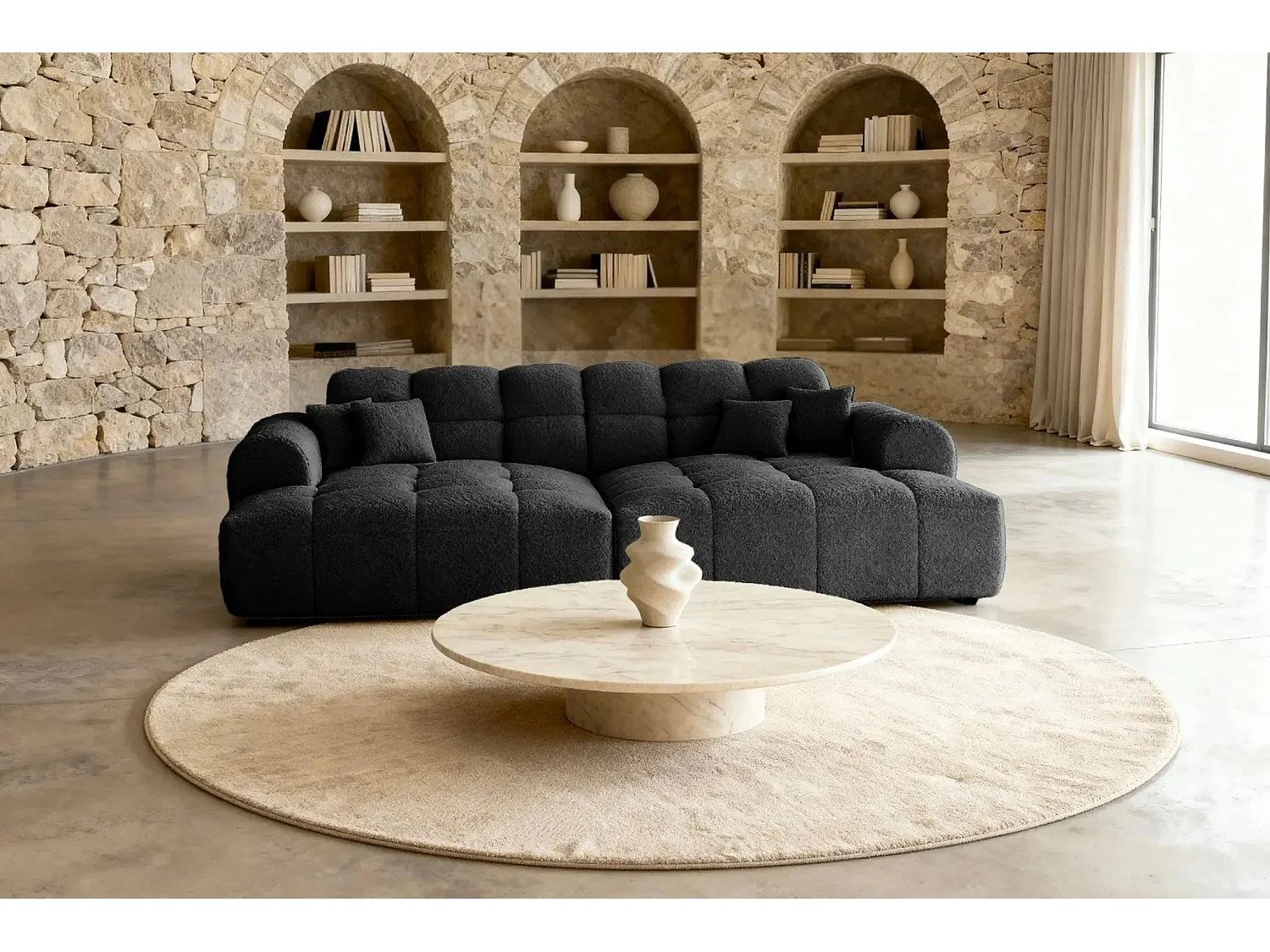 ALEXIA XL - Canapé droit tissu bouclette 4 places - Noir