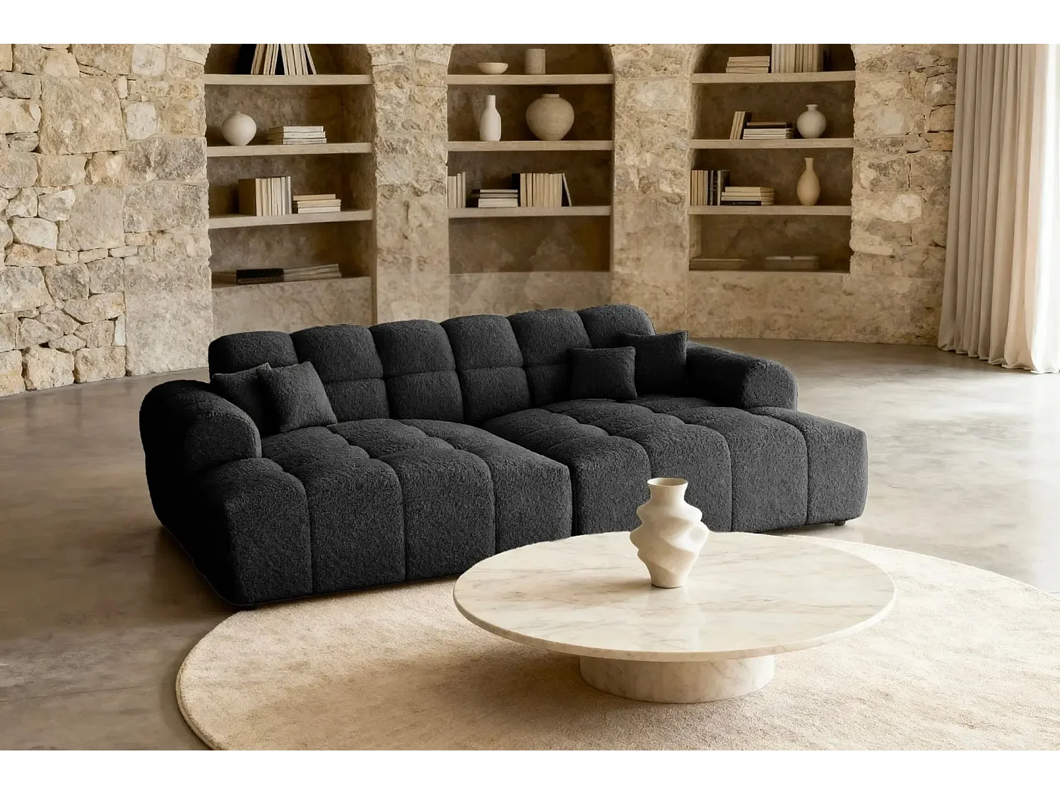 ALEXIA XL - Canapé droit tissu bouclette 4 places - Noir