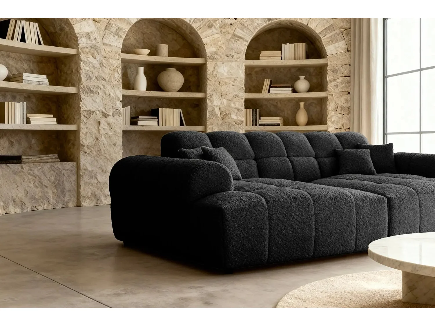 ALEXIA XL - Canapé droit tissu bouclette 4 places - Noir