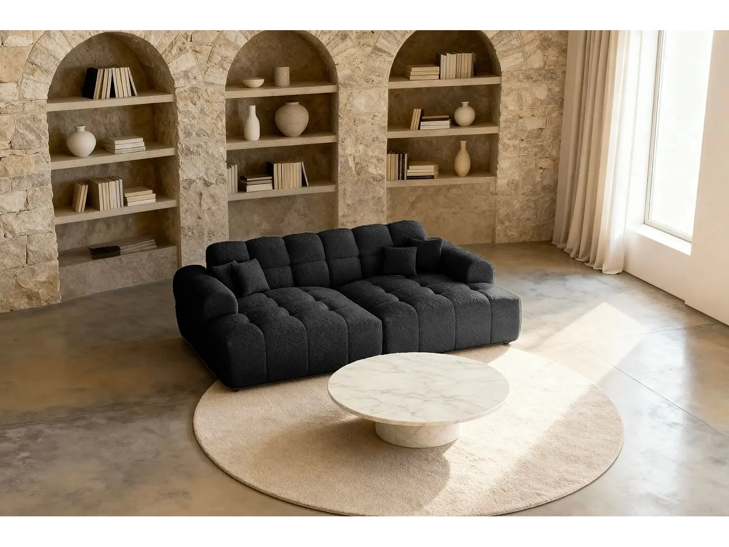 ALEXIA XL - Canapé droit tissu bouclette 4 places - Noir