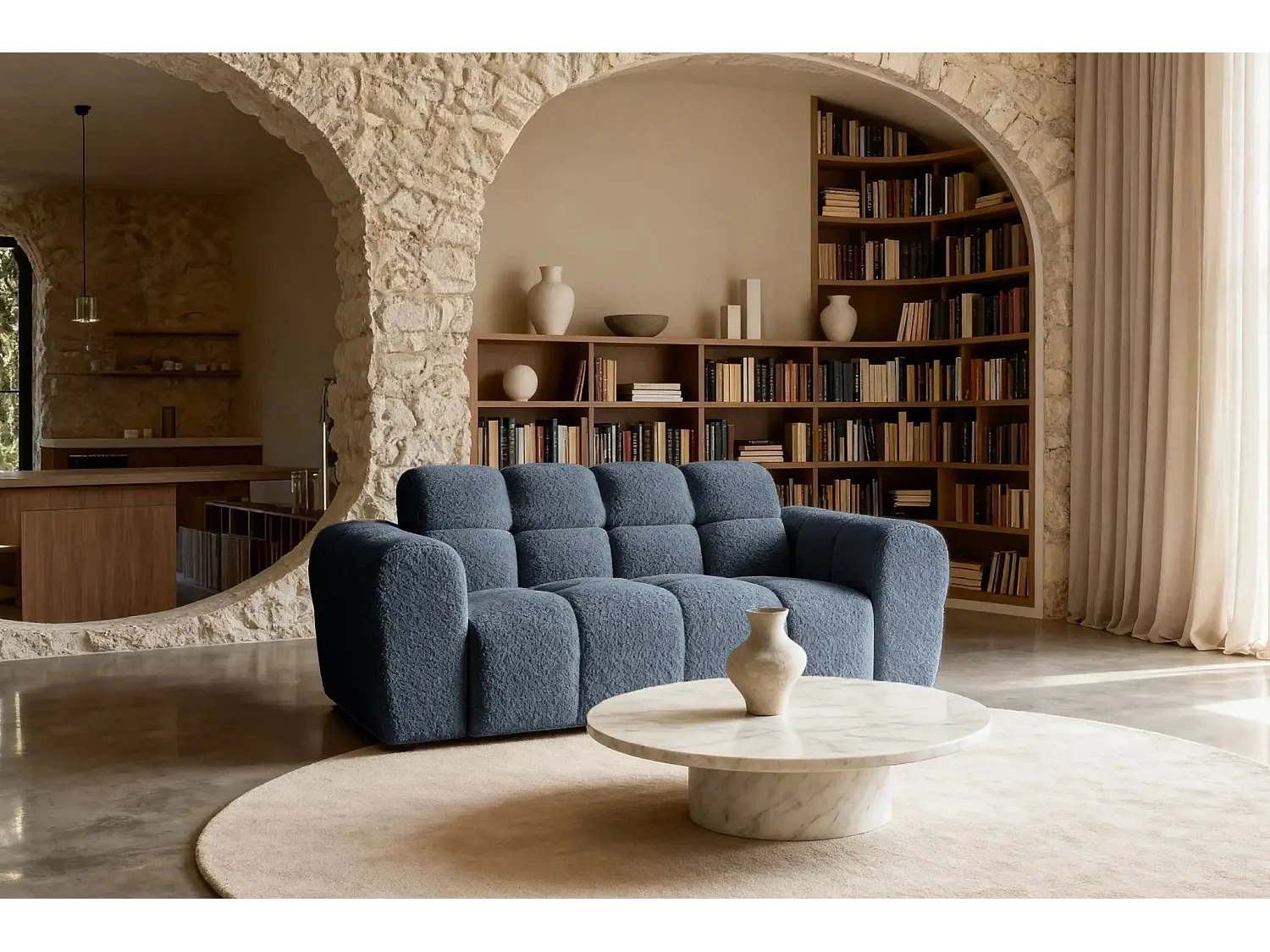 ALEXIA - Canapé droit tissu bouclette 2 places - Bleu