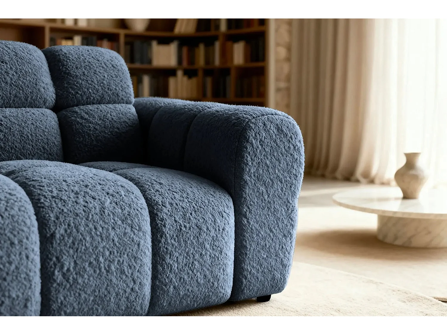 ALEXIA - Canapé droit tissu bouclette 2 places - Bleu