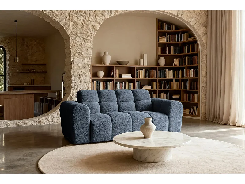 ALEXIA - Canapé droit tissu bouclette 2 places - Bleu