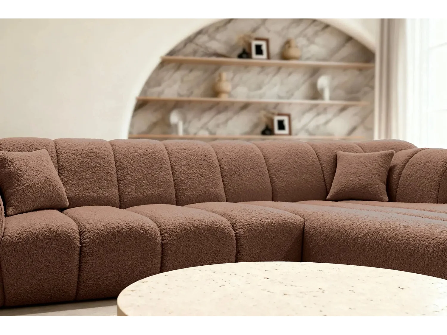 LAURA - Canapé d'angle tissu bouclette 4 places - Terracotta - Gauche