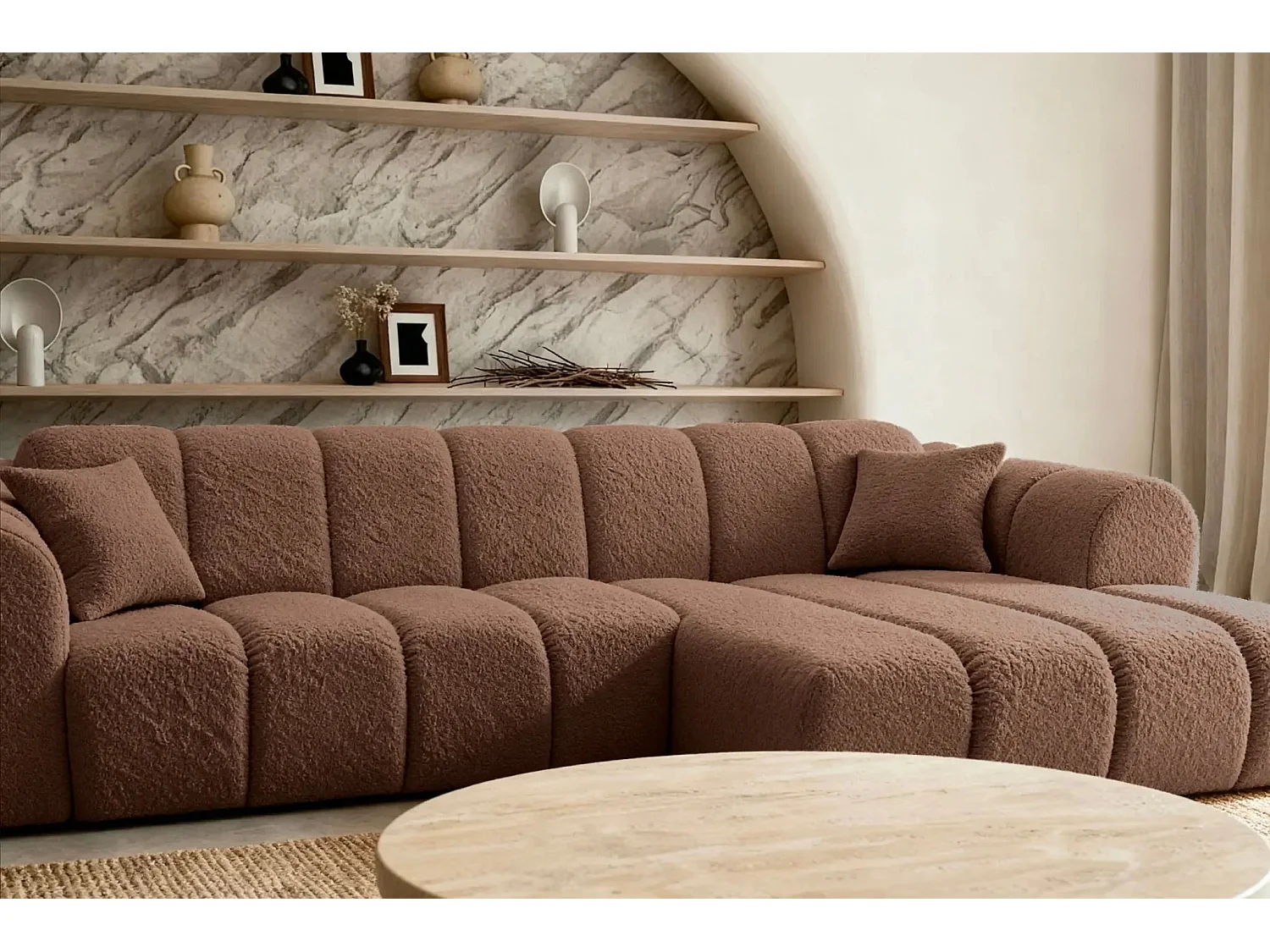 LAURA - Canapé d'angle tissu bouclette 4 places - Terracotta - Gauche