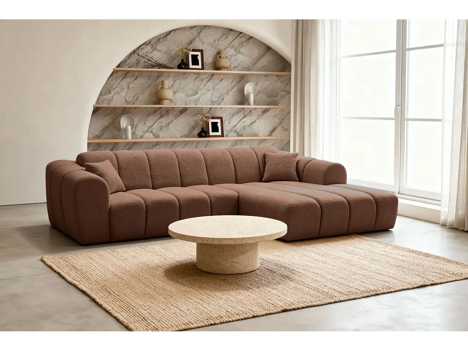 LAURA - Canapé d'angle tissu bouclette 4 places - Terracotta - Gauche