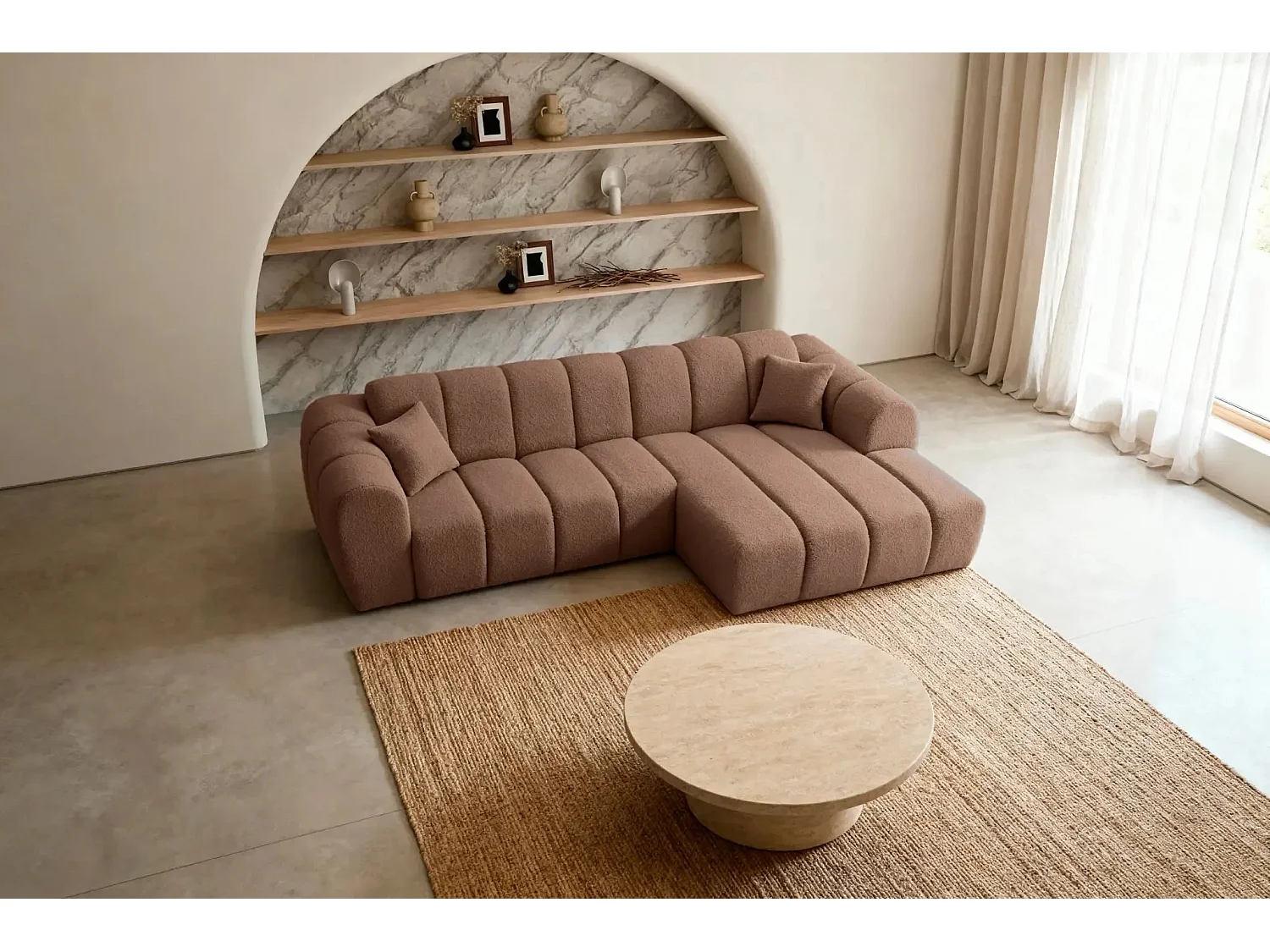 LAURA - Canapé d'angle tissu bouclette 4 places - Terracotta - Gauche