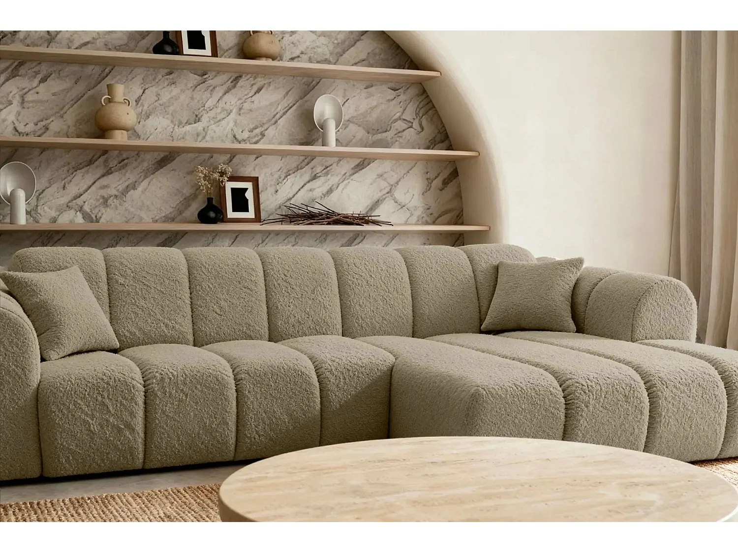LAURA - Canapé d'angle tissu bouclette 4 places - Café - Droit