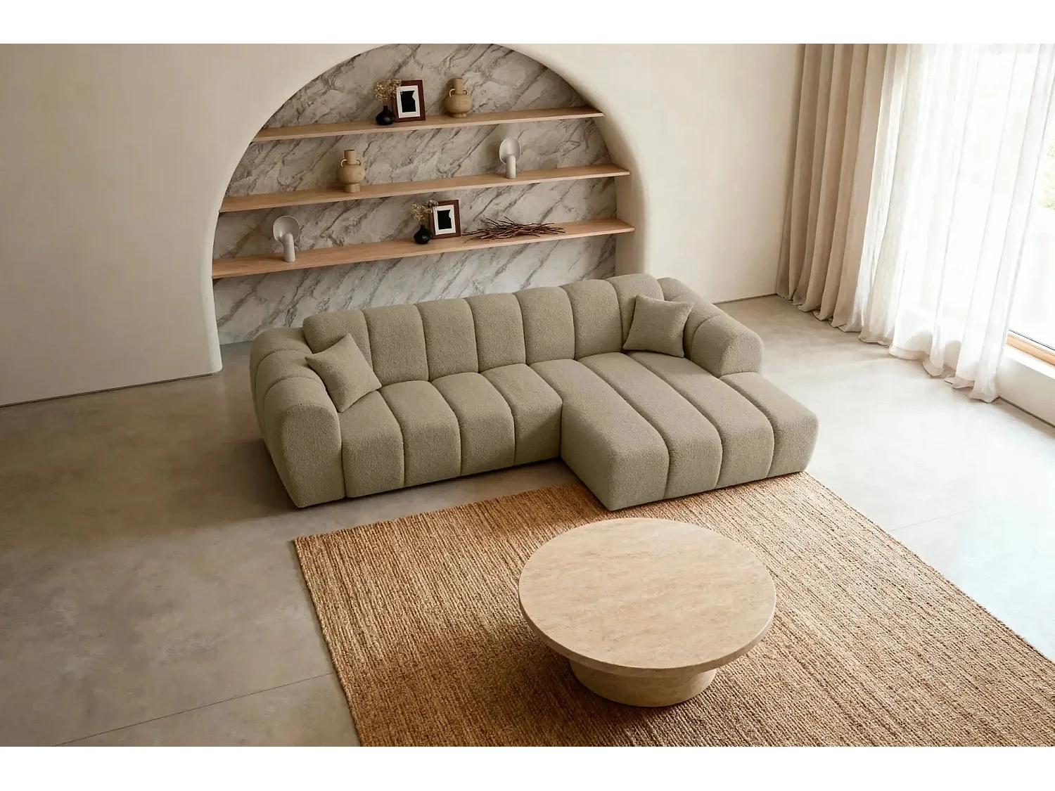 LAURA - Canapé d'angle tissu bouclette 4 places - Café - Droit