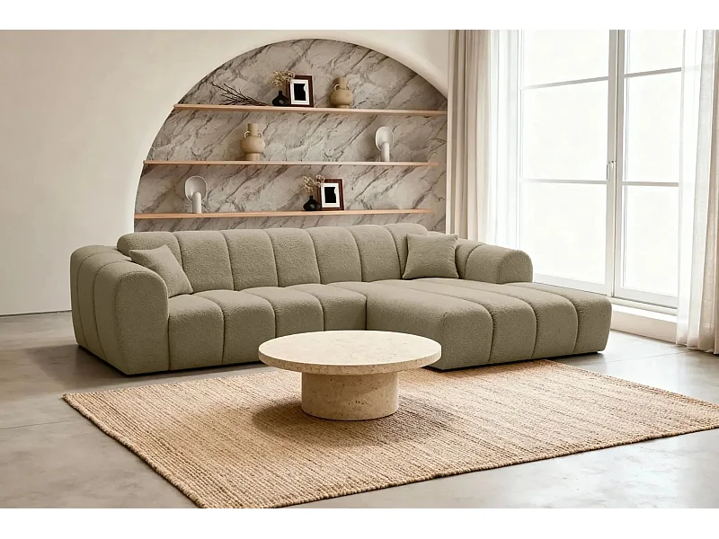 LAURA - Canapé d'angle tissu bouclette 4 places - Café - Droit