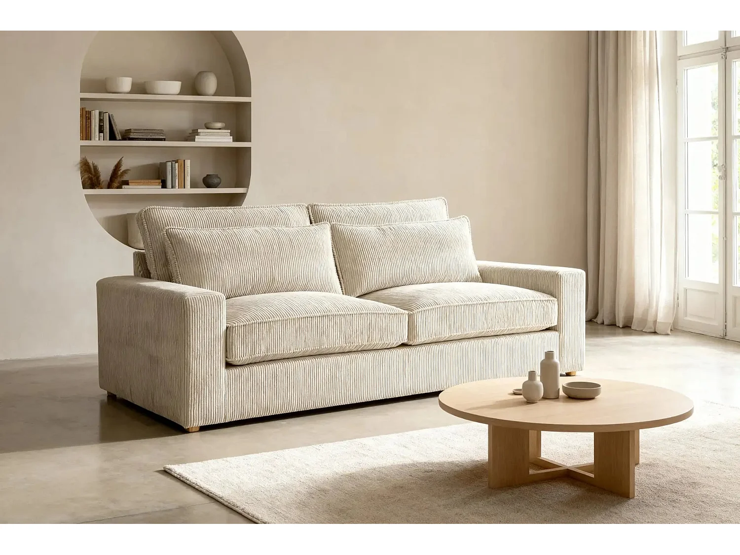 HENRY - Canapé droit velours côtelé 2 places - Beige