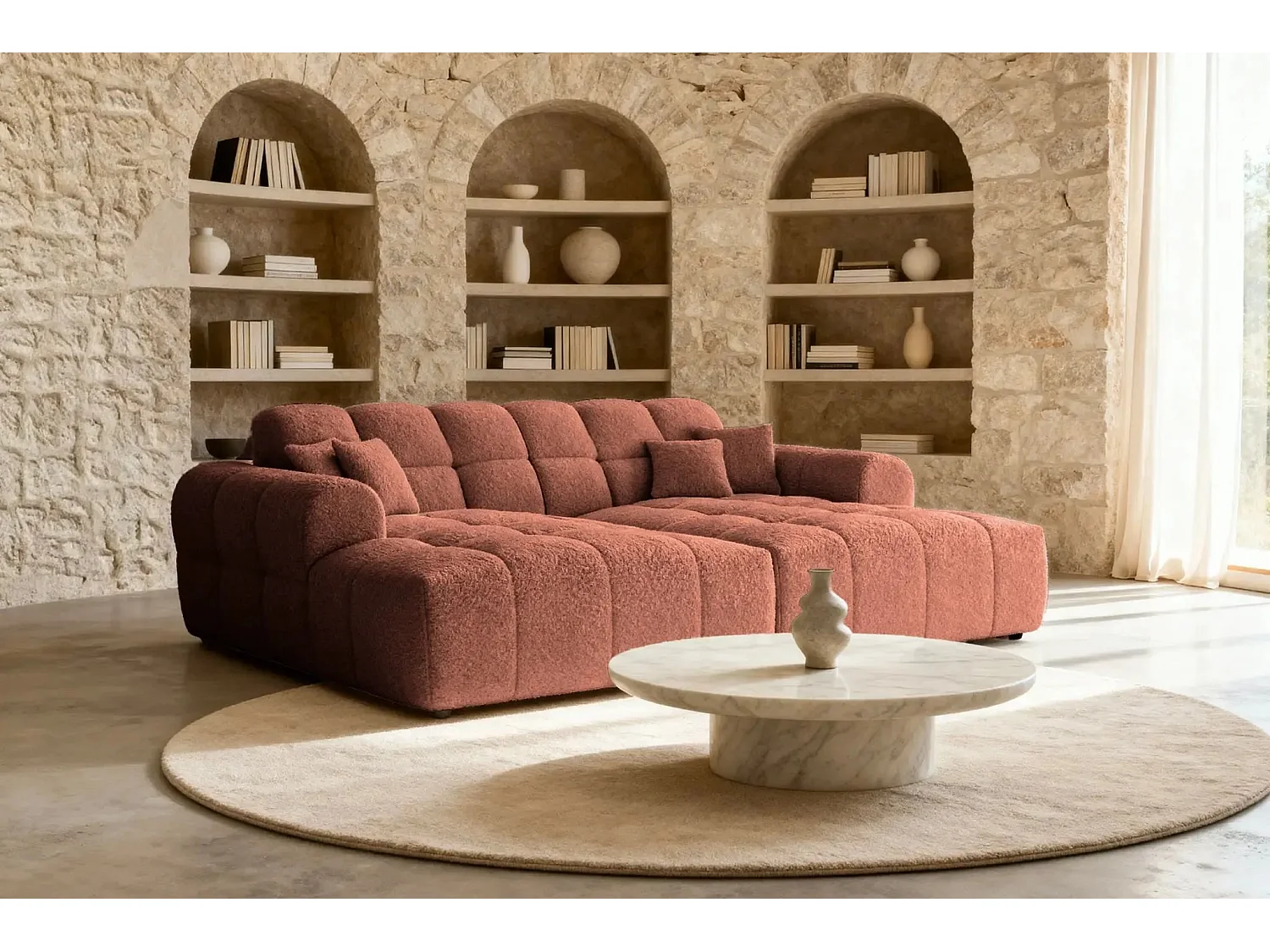 ALEXIA XL - Canapé droit tissu bouclette 4 places - Terracotta