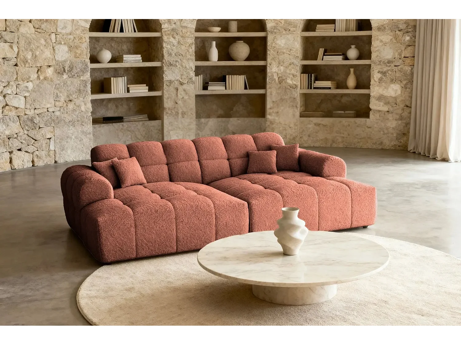 ALEXIA XL - Canapé droit tissu bouclette 4 places - Terracotta