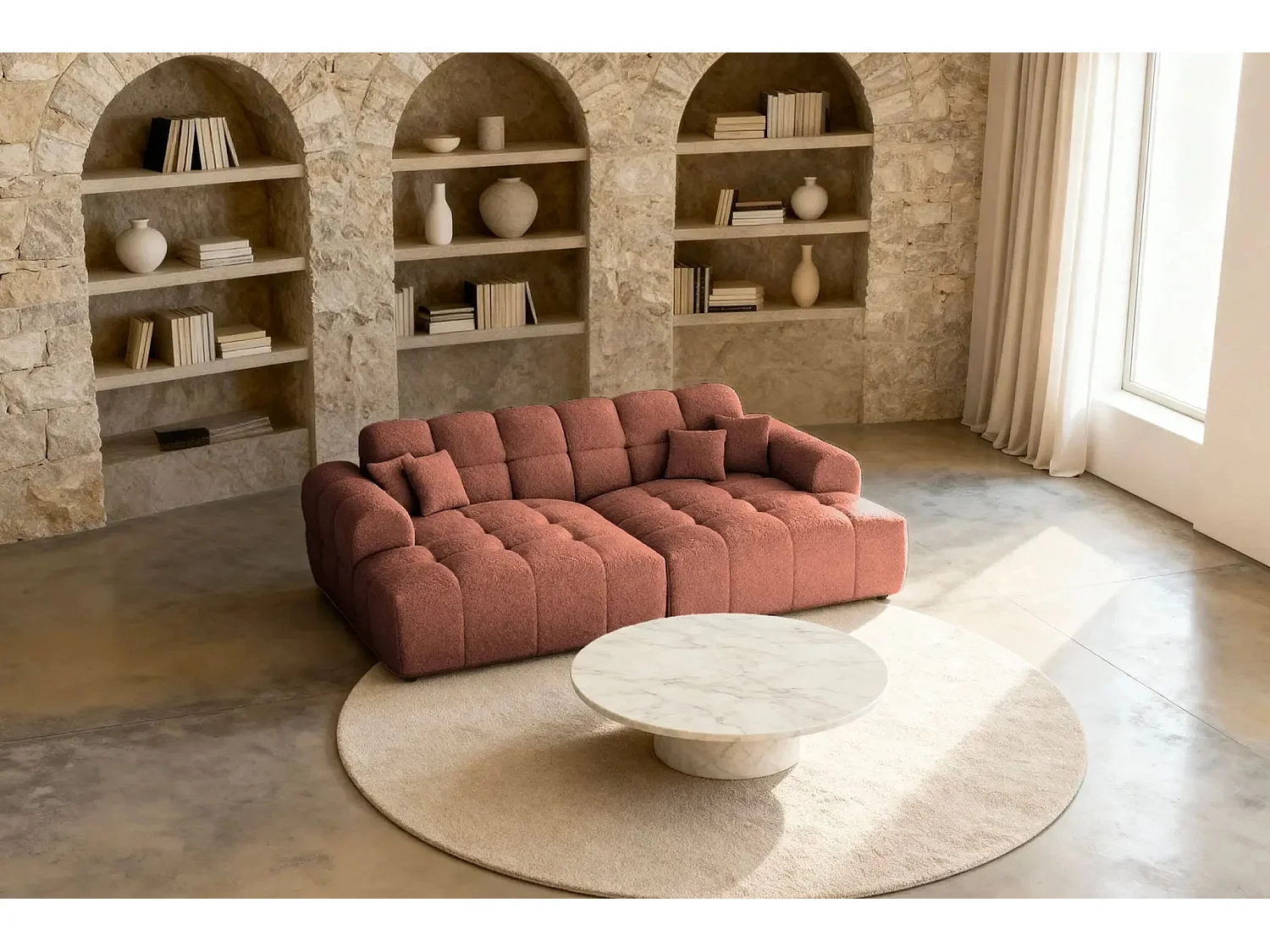 ALEXIA XL - Canapé droit tissu bouclette 4 places - Terracotta