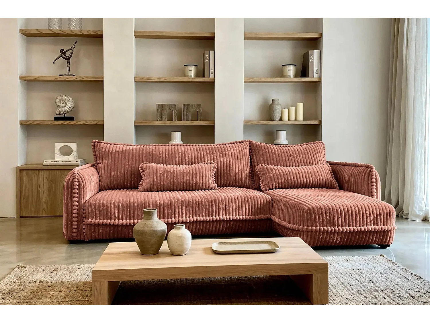 CALIE - Canapé d'angle velours côtelé 3 places - Terracotta - Gauche