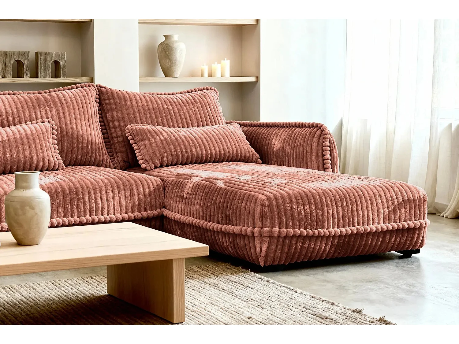 CALIE - Canapé d'angle velours côtelé 3 places - Terracotta - Gauche