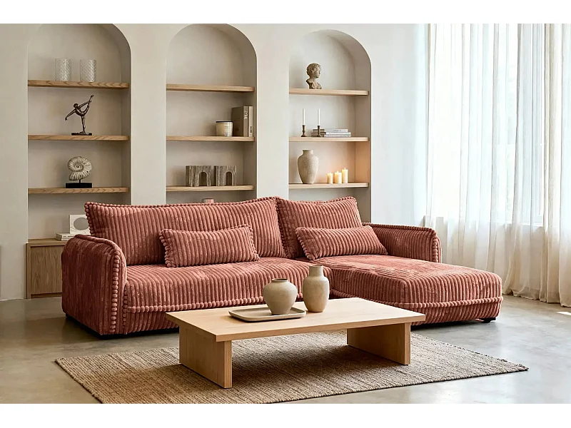 CALIE - Canapé d'angle velours côtelé 3 places - Terracotta - Gauche