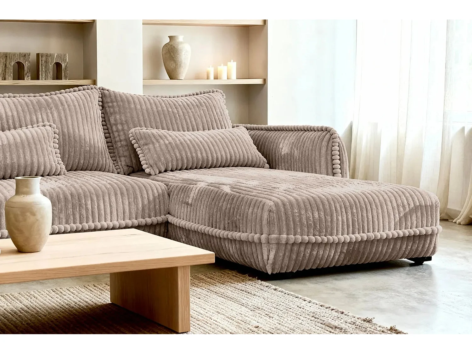 CALIE - Canapé d'angle velours côtelé 3 places - Café - Gauche