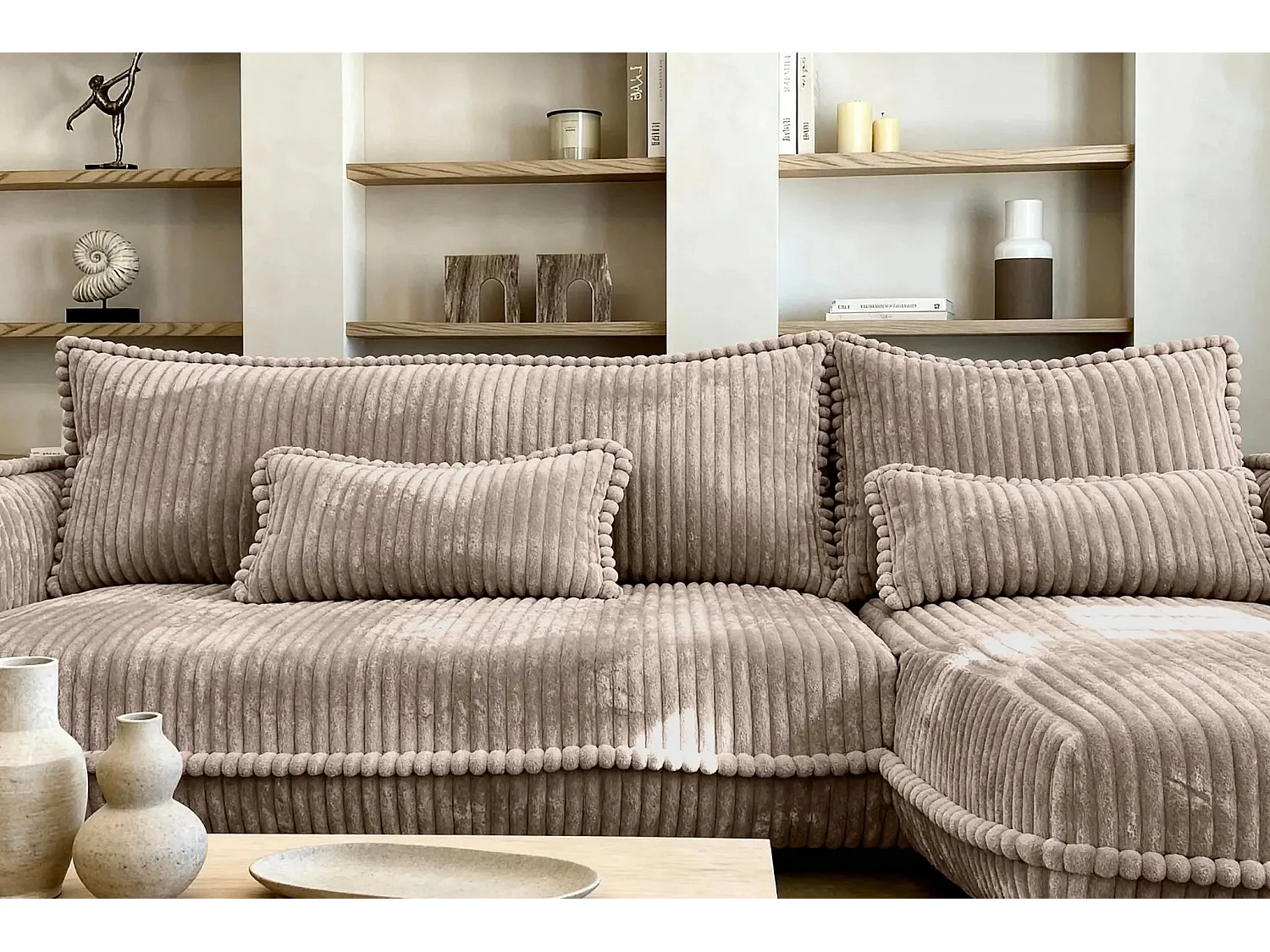 CALIE - Canapé d'angle velours côtelé 3 places - Café - Gauche