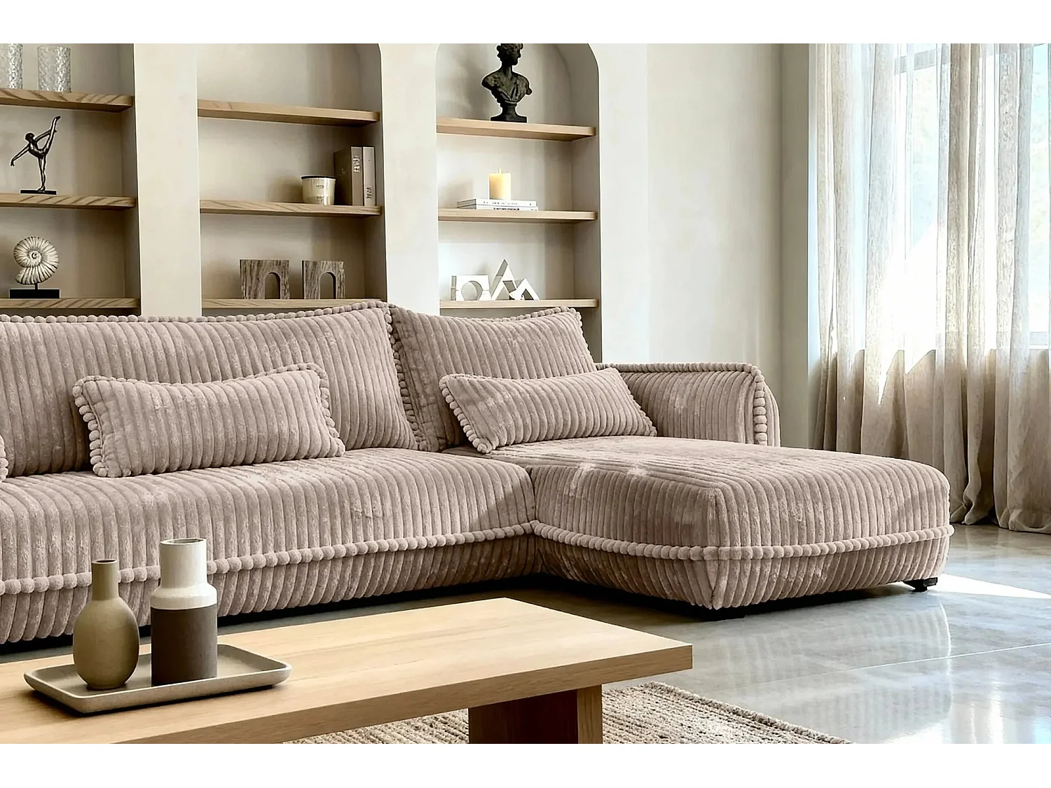 CALIE - Canapé d'angle velours côtelé 3 places - Café - Gauche