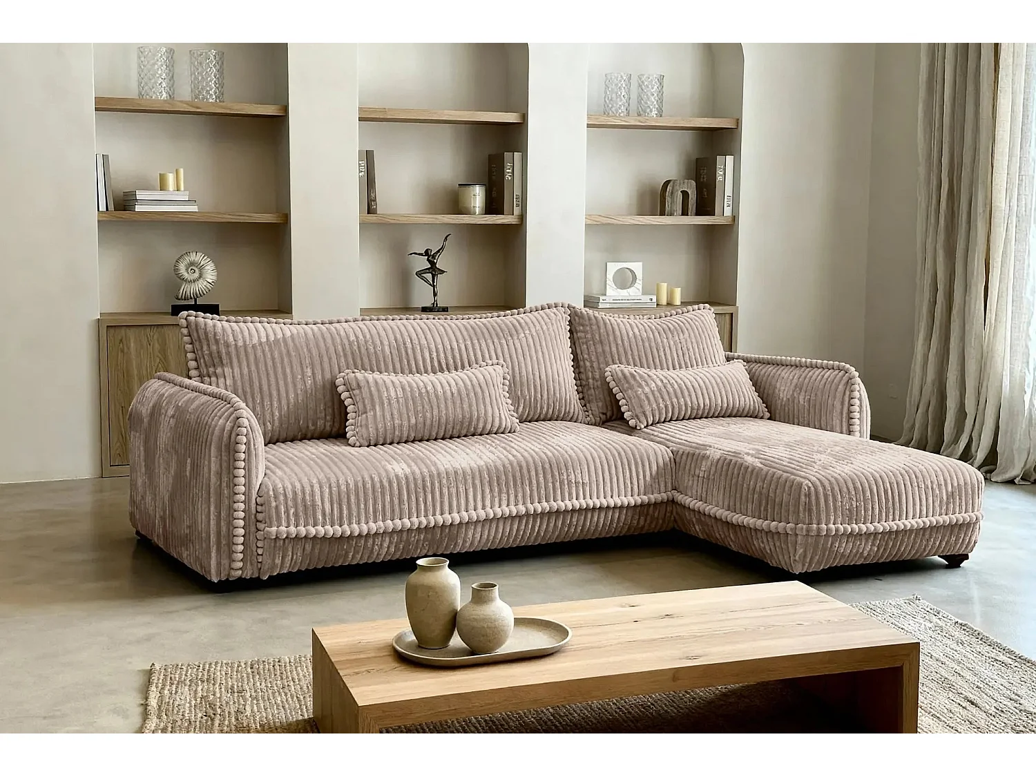 CALIE - Canapé d'angle velours côtelé 3 places - Café - Gauche