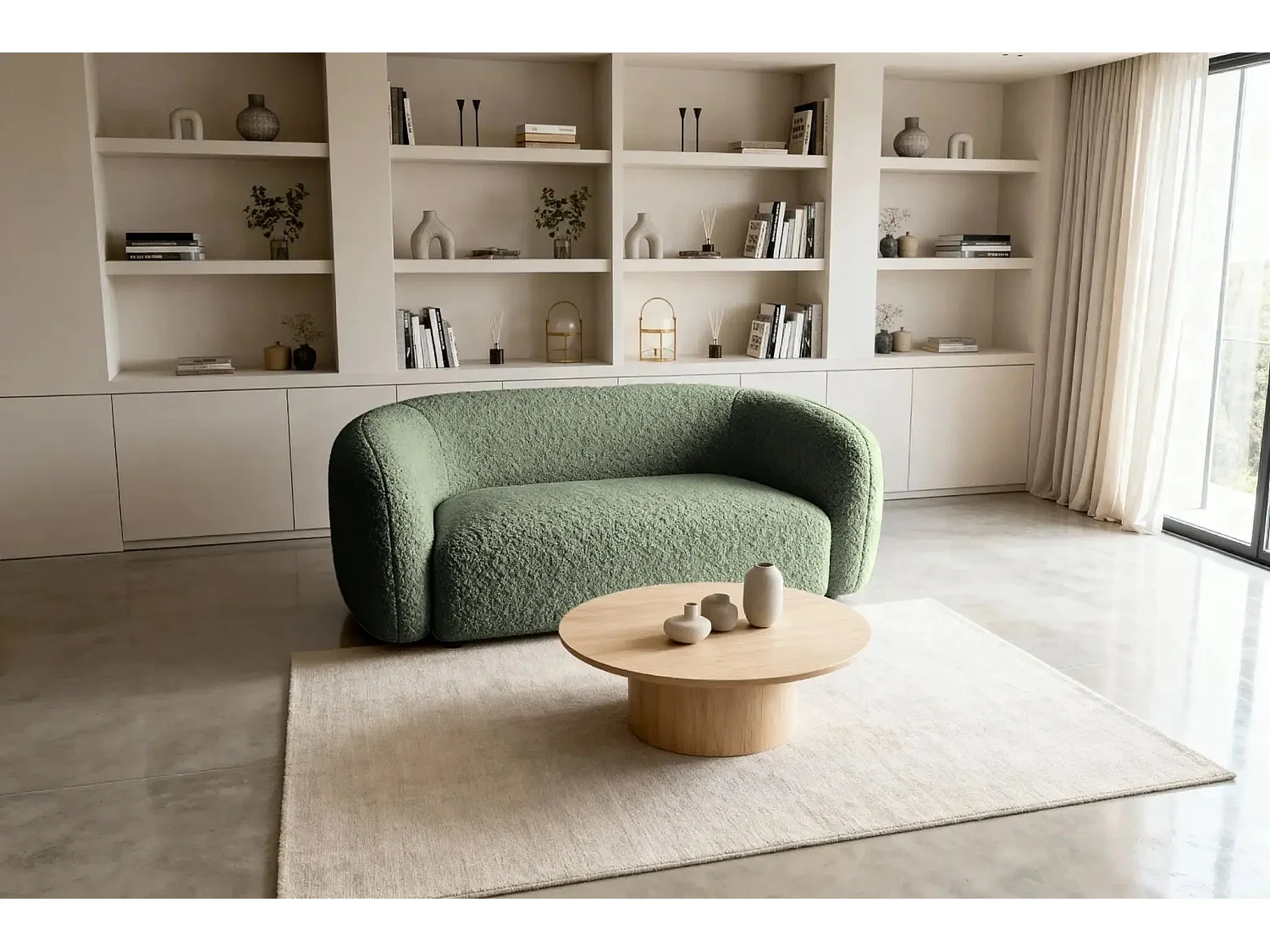 BAHIA - Canapé droit tissu bouclette 2 places - Vert