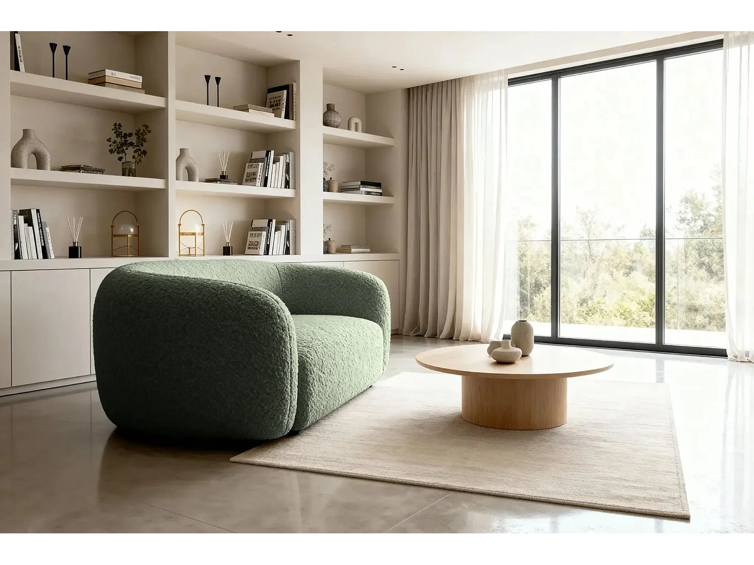 BAHIA - Canapé droit tissu bouclette 2 places - Vert