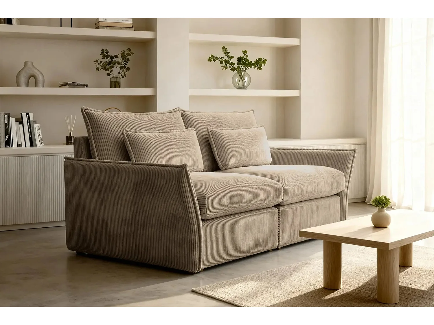 ANGELE - Canapé droit velours côtelé 2 places - Café