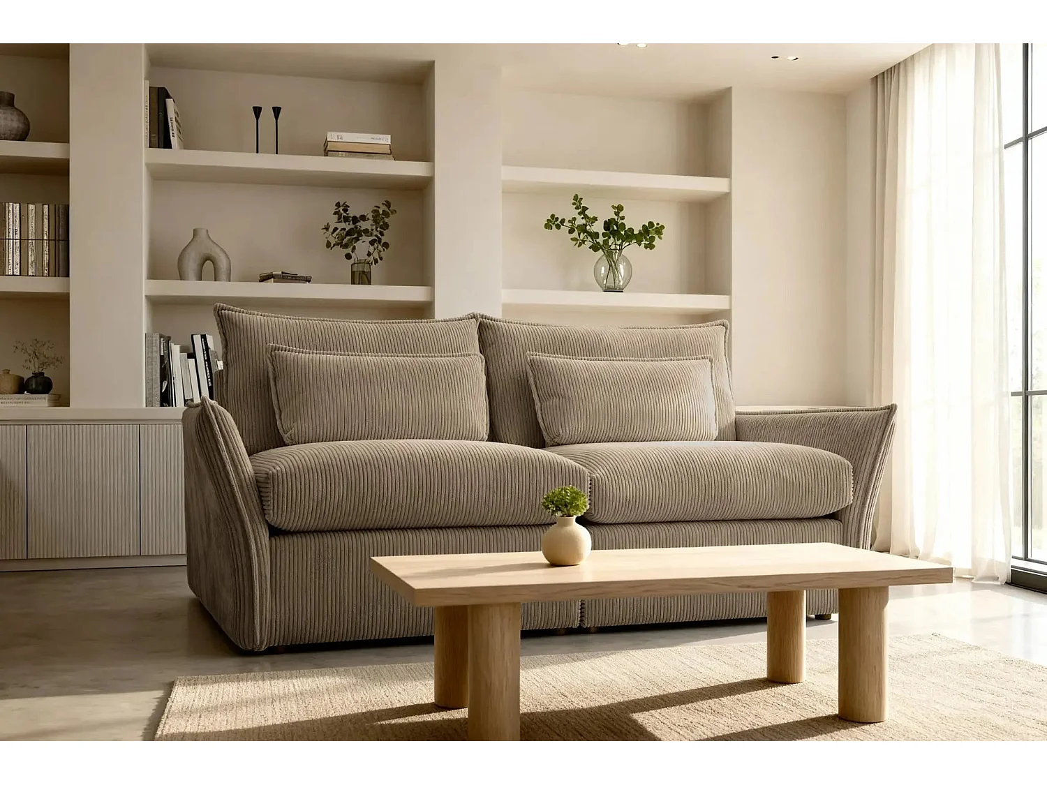 ANGELE - Canapé droit velours côtelé 2 places - Café