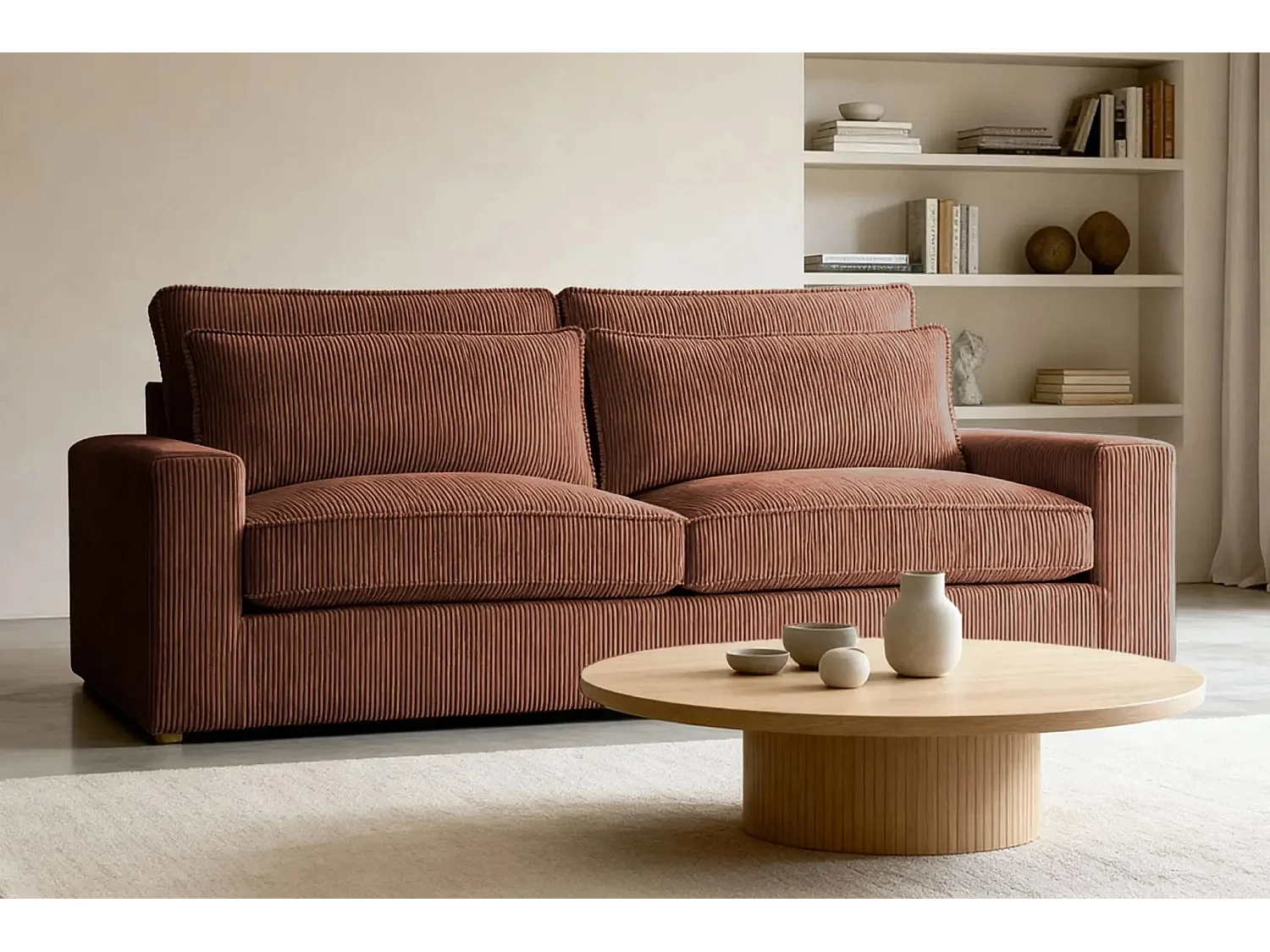 HENRY - Canapé droit velours côtelé 2 places - Terracotta