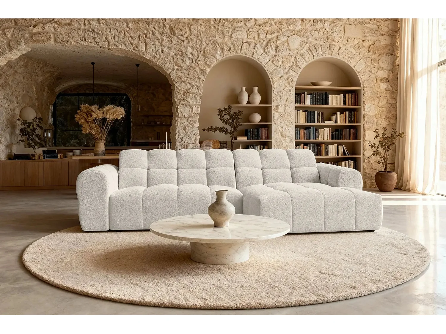 ALEXIA - Canapé d'angle tissu bouclette 4 places - Beige - Droit