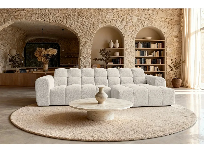 ALEXIA - Canapé d'angle tissu bouclette 4 places - Beige - Droit