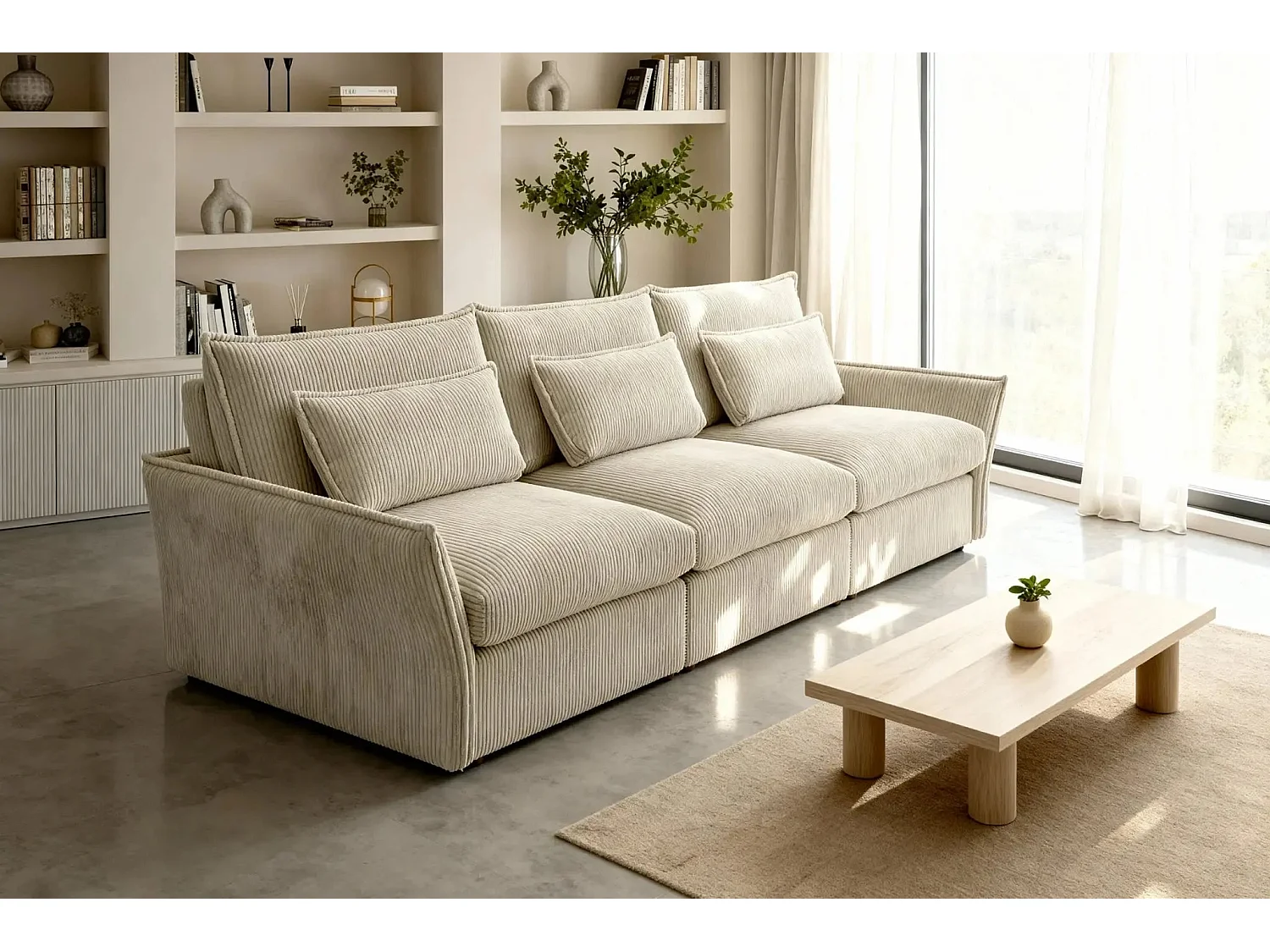 ANGELE - Canapé droit velours côtelé 3 places - Beige